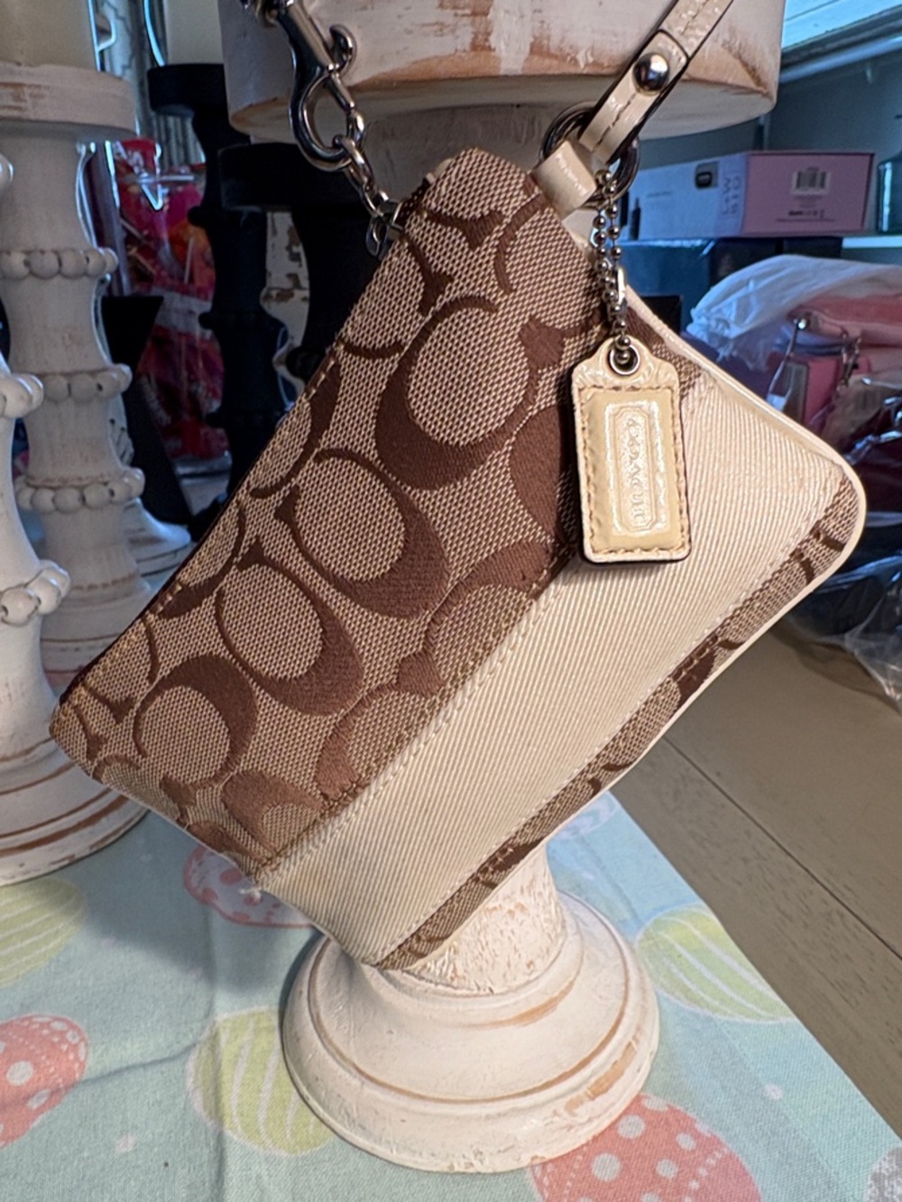 Coach Beige and Brown Signature Wristlet
